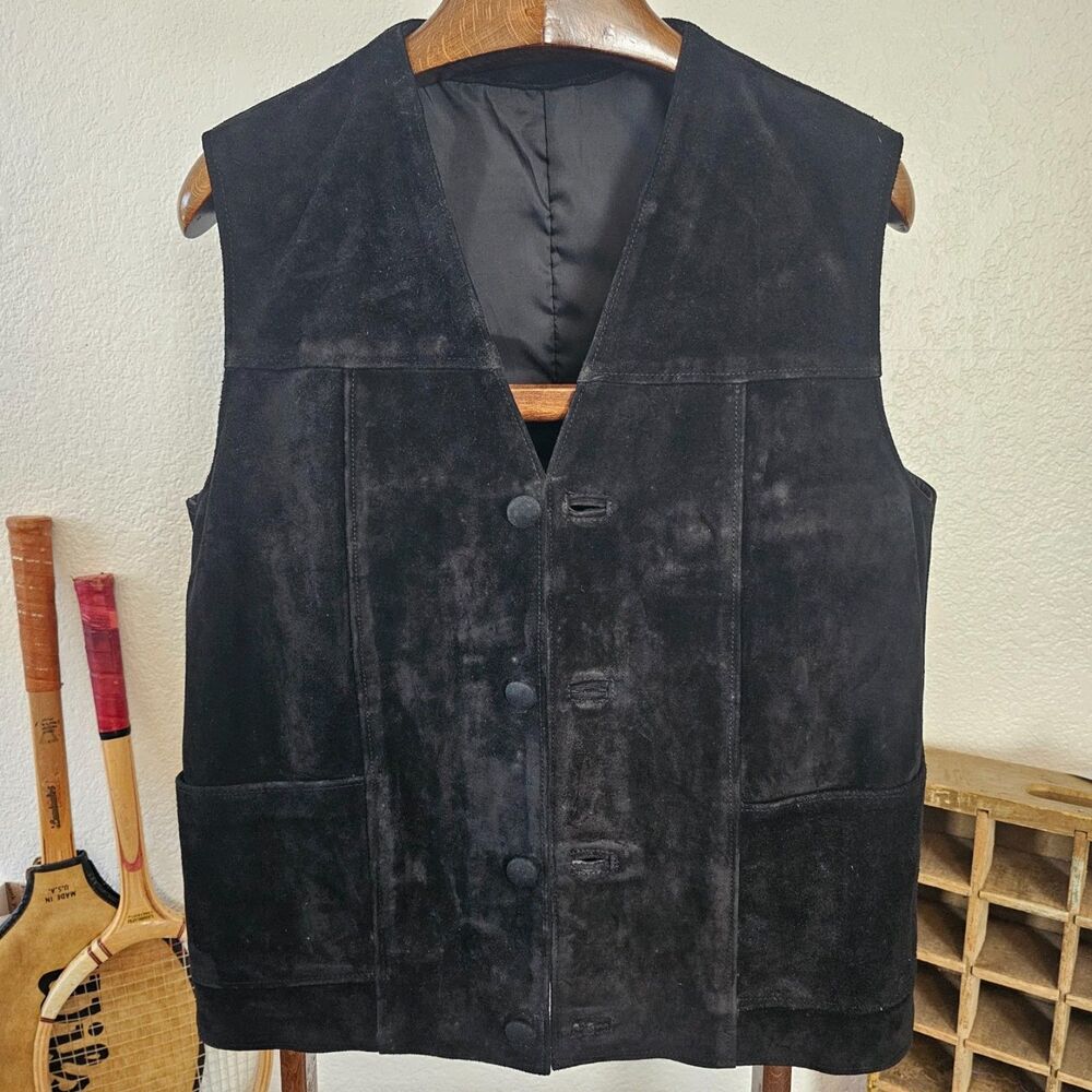 Vintage Heavy Suede Leather Western Vest Mens Black Cowboy Core Boho 70s 80s